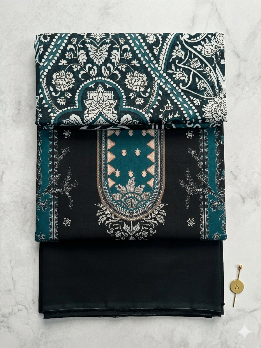 Deep Black & Teal Traditional Unstitched 3-Piece Lawn Dress – Luxury Summer Collection by Lajwana