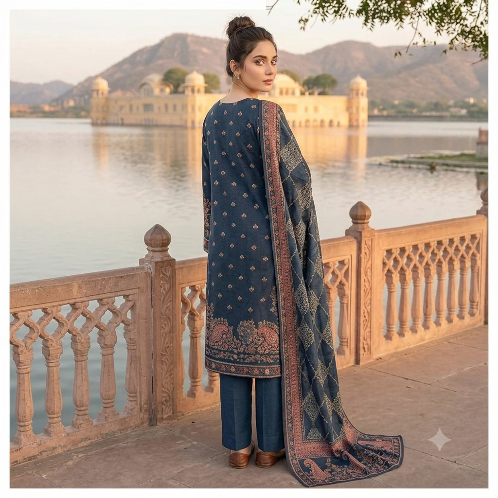 Mashaim Premium Printed Lawn 3-Piece Unstitched Suit – Prussian Navy Blue