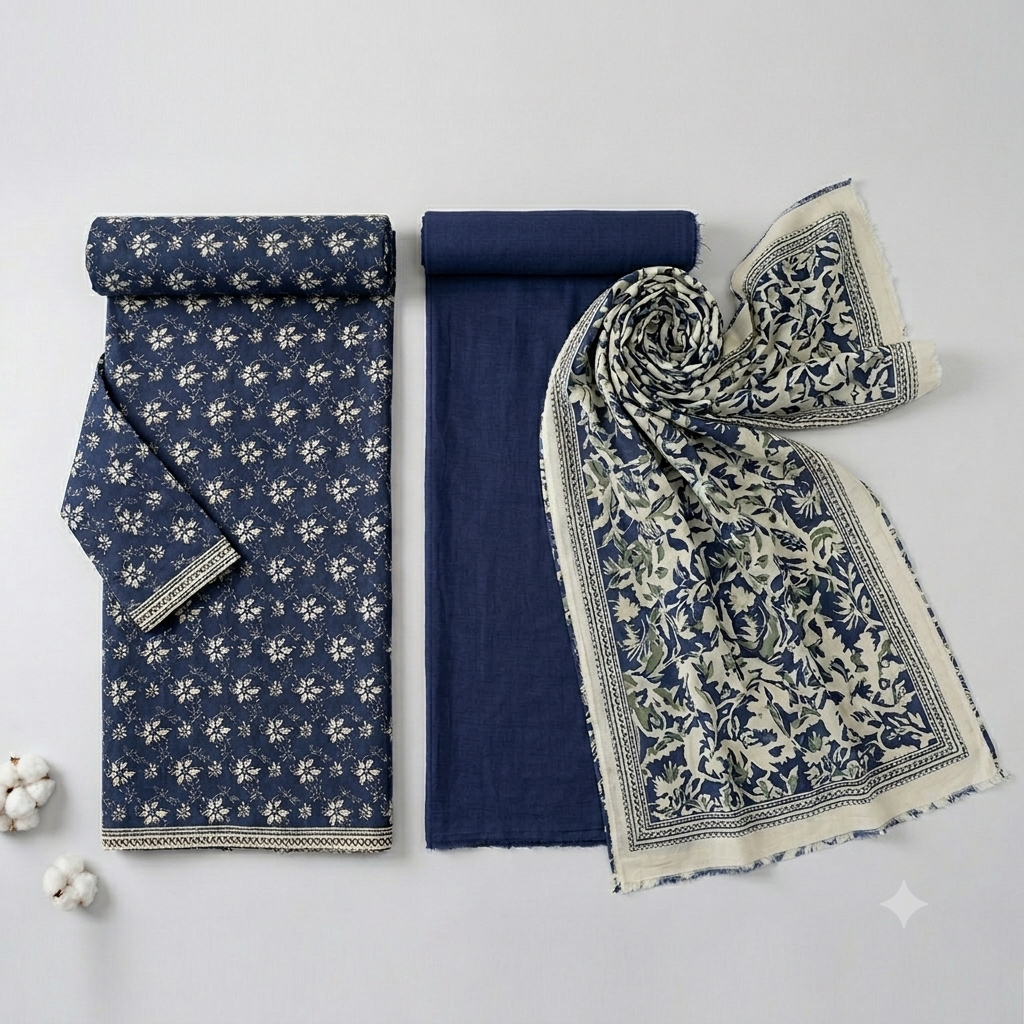Regalia Unstitched 3-Piece Lawn Dress – Navy & Ivory Floral Tunic