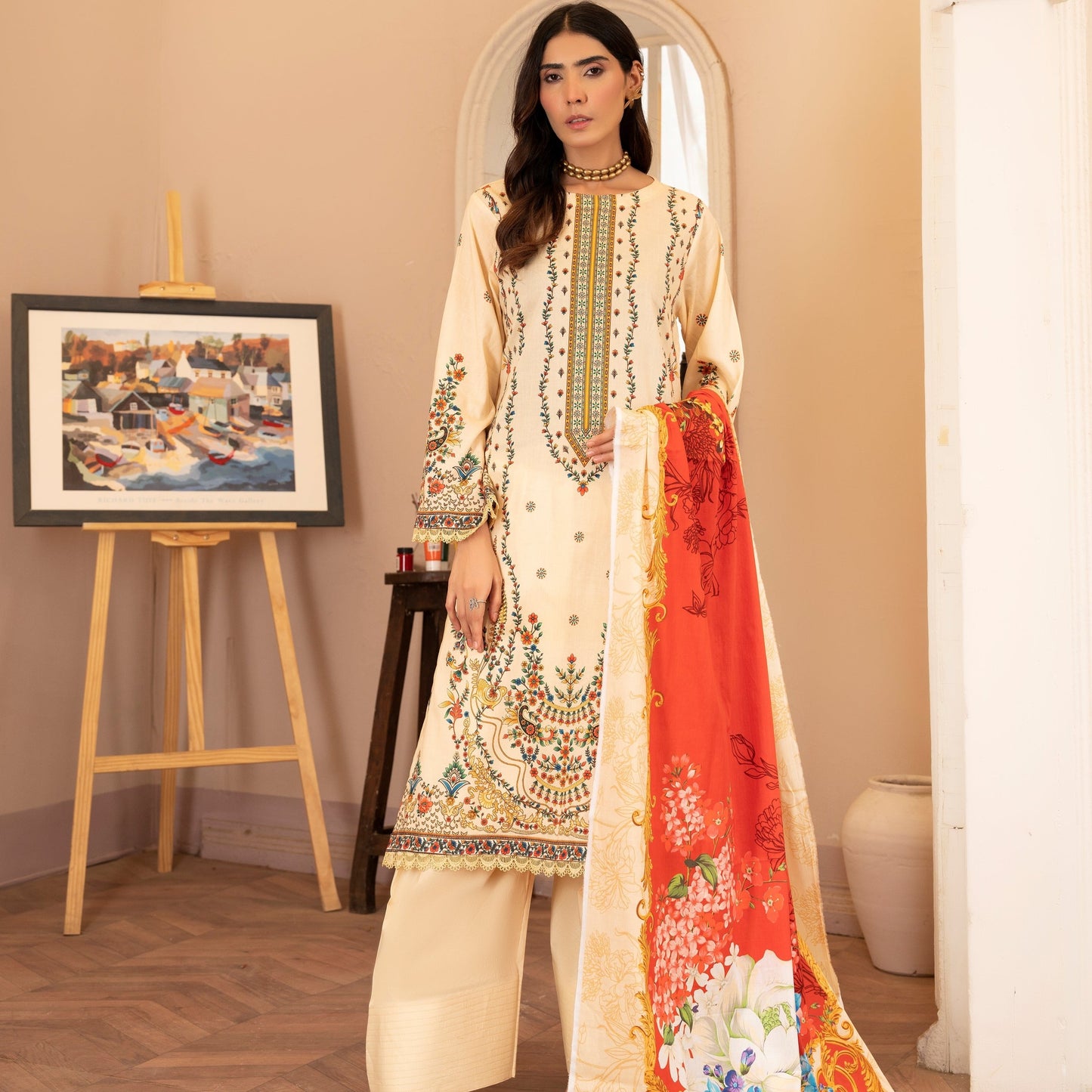 3 Piece Unstitched Dress Beige Cream Lala Summer Collection