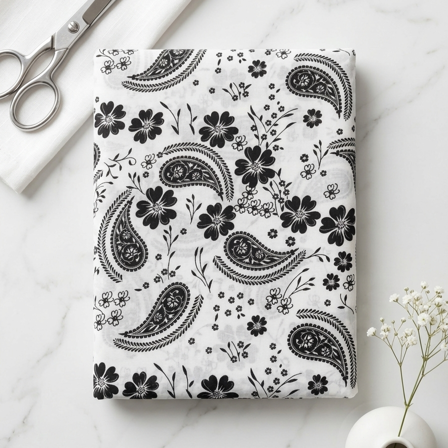 Saiban 2-Piece All-Over Printed Unstitched Suit – Black & White Paisley