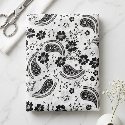 Saiban 2-Piece All-Over Printed Unstitched Suit – Black & White Paisley