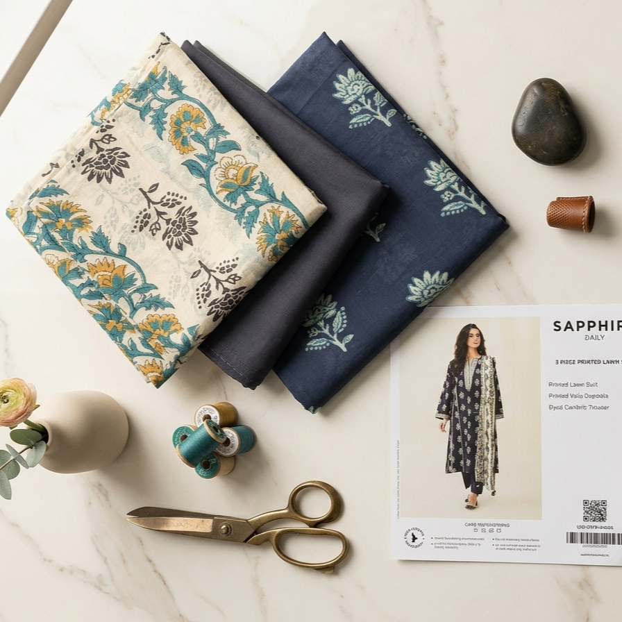 Sapphire Unstitched Summer Collection – 3 PC Navy Blue Ethnic Printed Set