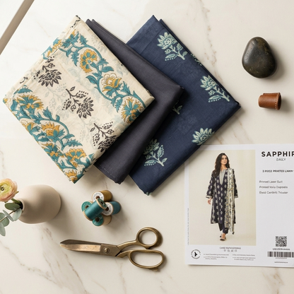 Sapphire Unstitched Summer Collection – 3 PC Navy Blue Ethnic Printed Set