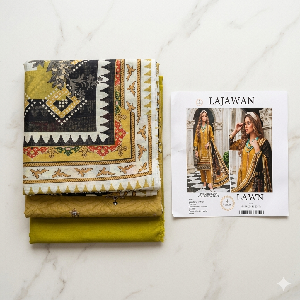 Lajwana Premium Summer Lawn 3pc Unstitched Dress – Mustard Gold & Black Mughal Print