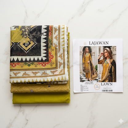 Lajwana Premium Summer Lawn 3pc Unstitched Dress – Mustard Gold & Black Mughal Print