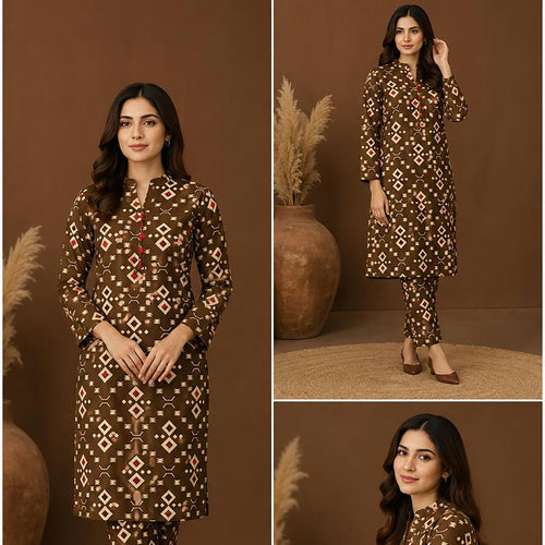 Deep Brown Ethnic Geometric Unstitched 2-Piece Lawn Suit – Bareeze By Amal