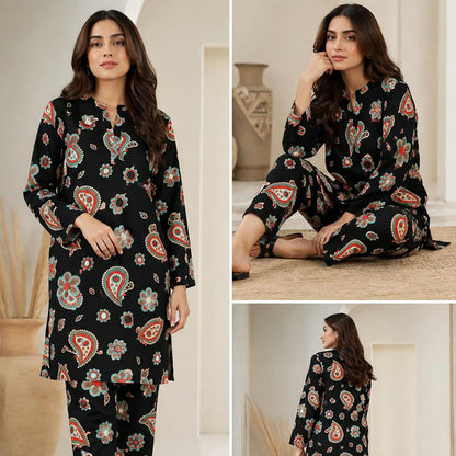 Jet Black Ethnic Paisley Unstitched 2-Piece Suit – Bareeze By Amal