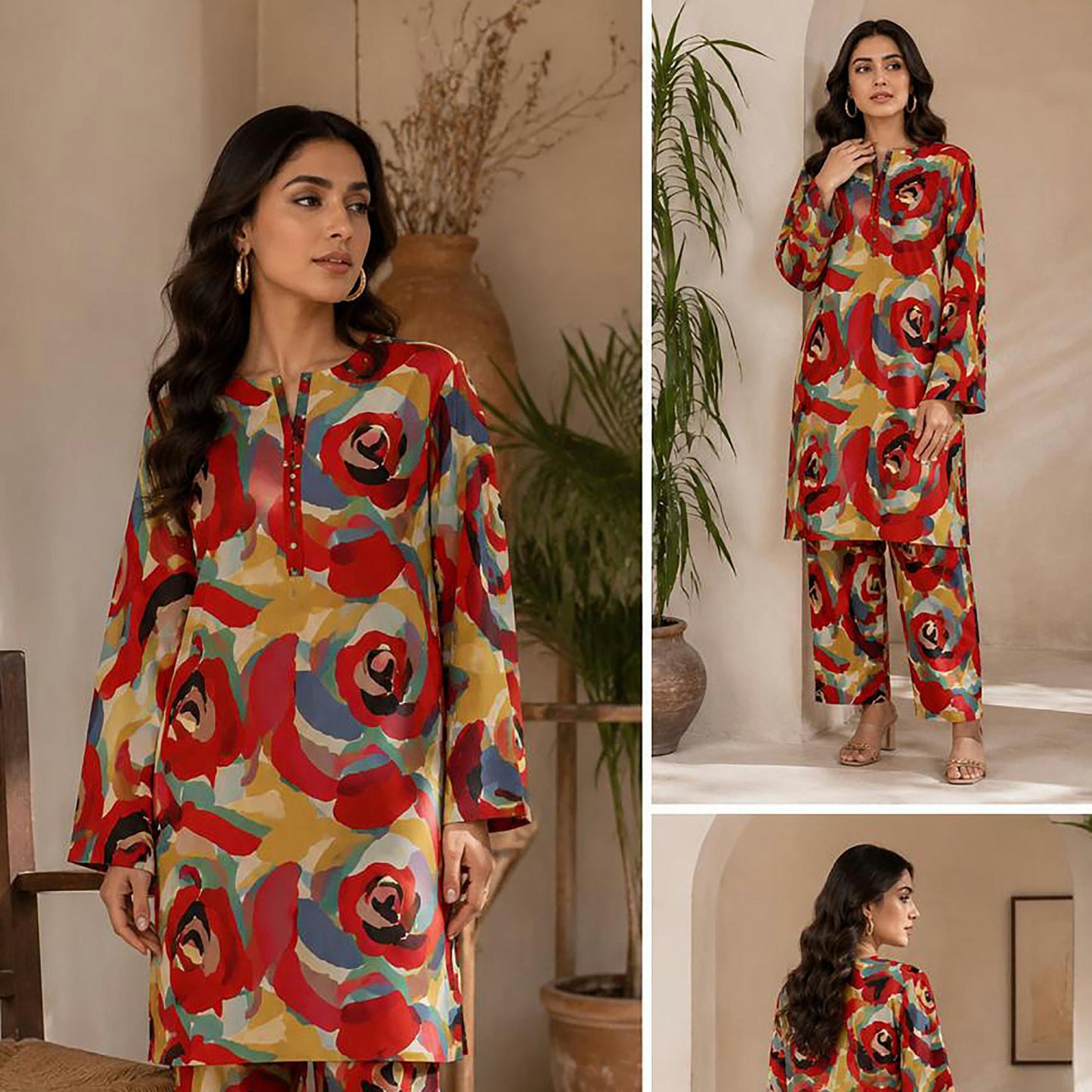 Crimson Abstract Rose Graphic Unstitched 2-Piece Suit – Bareeze By Amal