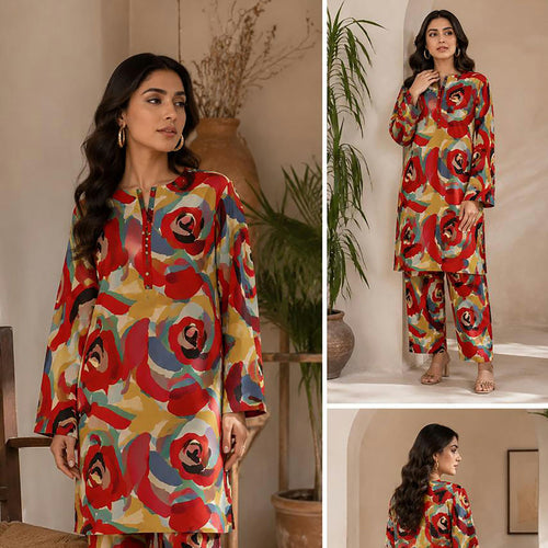 Crimson Abstract Rose Graphic Unstitched 2-Piece Suit – Bareeze By Amal