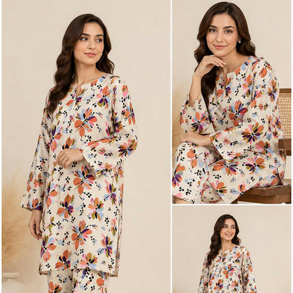 Ivory Off-White Vibrant Floral Unstitched 2-Piece Suit – Bareeze By Amal