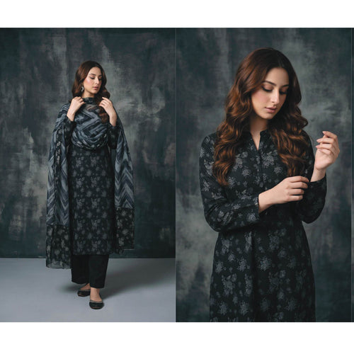Midnight Black 3 Piece Unstitched Premium Lawn Suit with Chevron Patterned Dupatta by Regalia