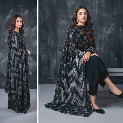 Midnight Black 3 Piece Unstitched Premium Lawn Suit with Chevron Patterned Dupatta by Regalia