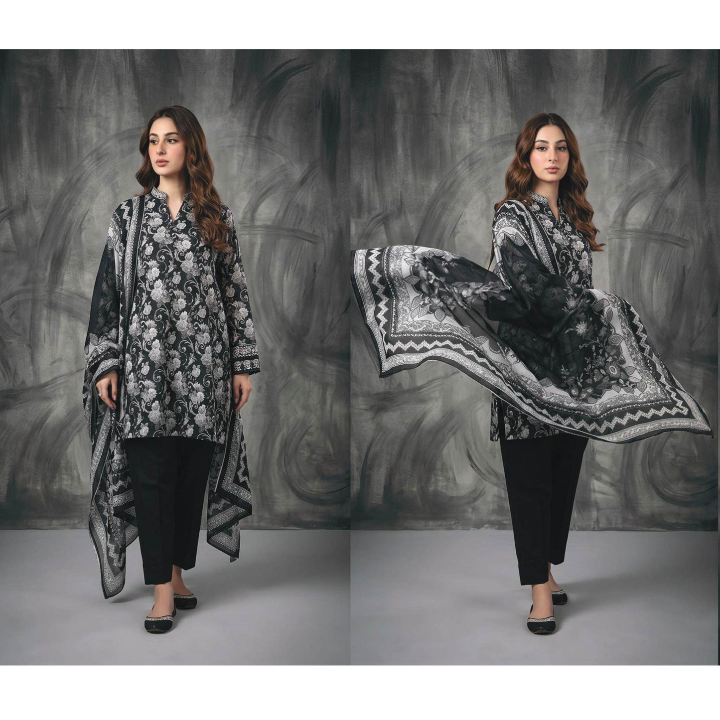 Black & White Summer Lawn 3pc Unstitched Dress by Regalia