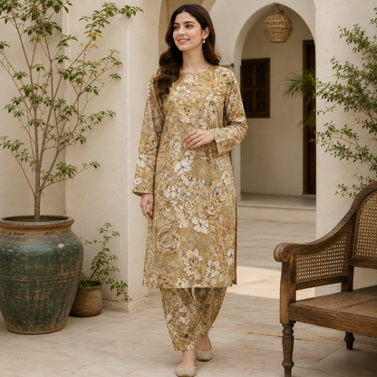 Saiban 2 Piece Floral Printed Suit for Women | Beige Qameez Shalwar