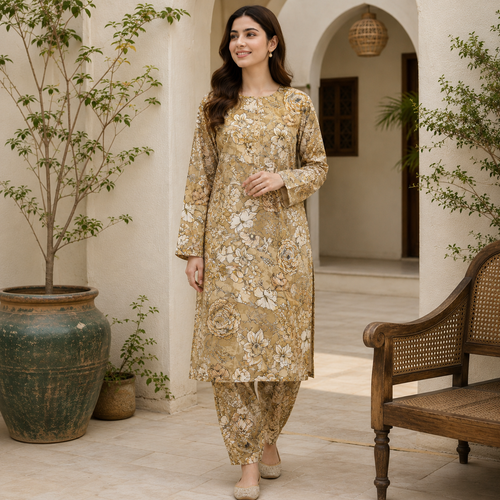 Saiban 2 Piece Floral Printed Suit for Women | Beige Qameez Shalwar