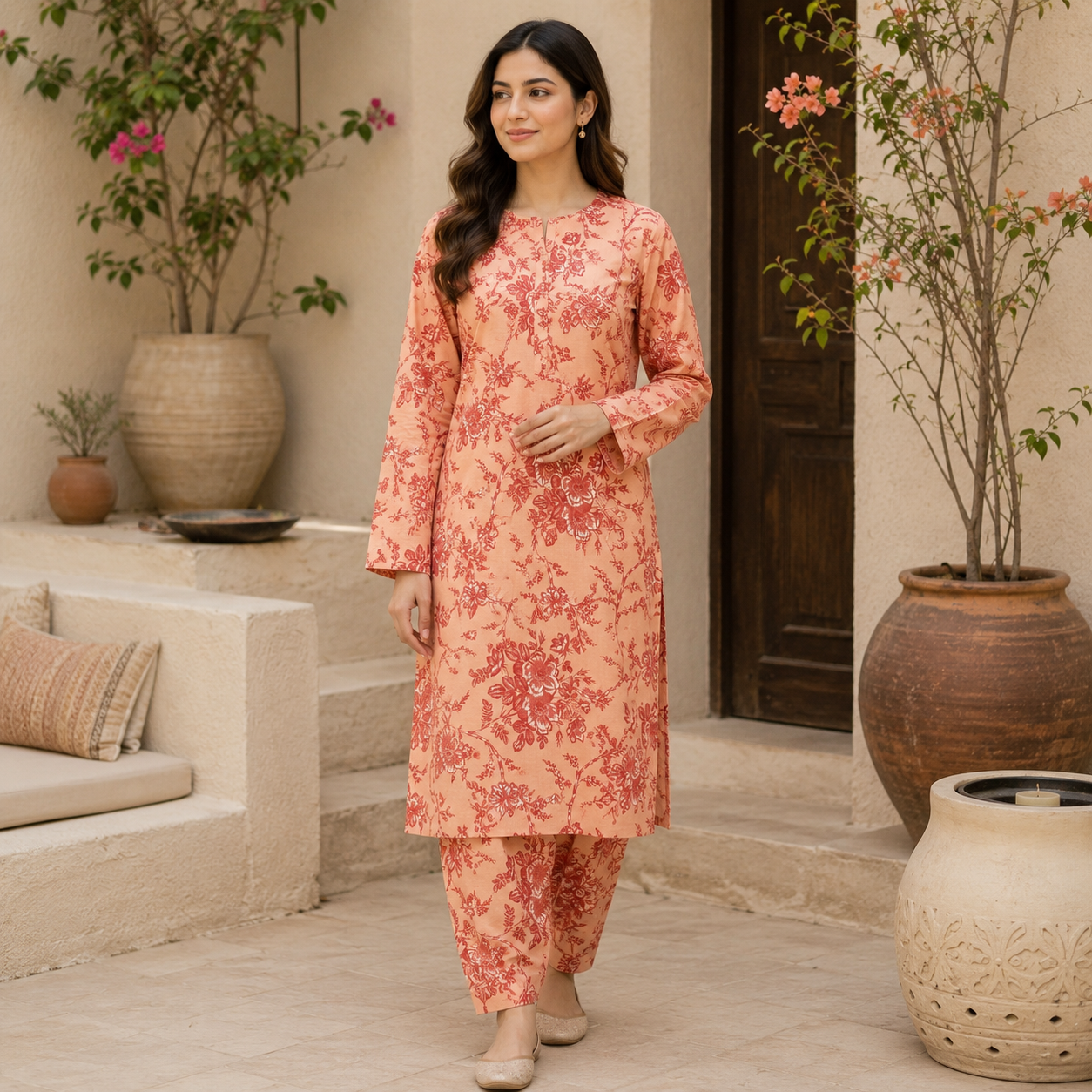 Saiban Peach Floral 2 Piece Unstitched Suit for Women | Printed Lawn Dress
