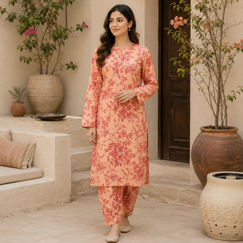 Saiban Peach Floral 2 Piece Unstitched Suit for Women | Printed Lawn Dress
