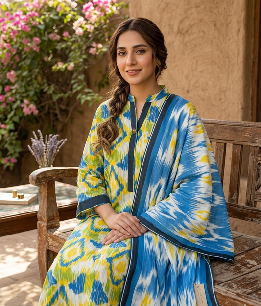 3-Piece Vibrant Ikat Print Pakistani Lawn Dress