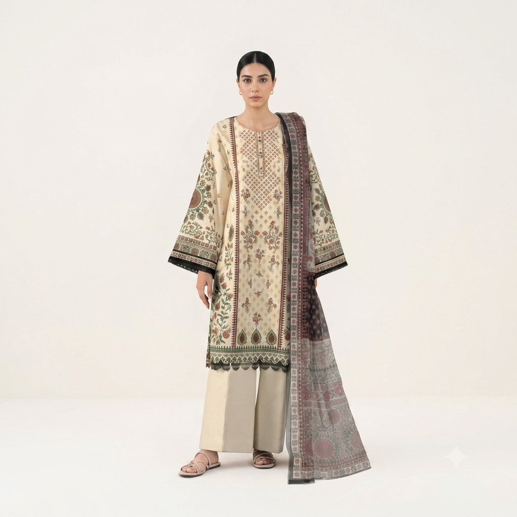 apphire Premium Embroidered Lawn 3-Piece Unstitched Suit – Cream & Olive Green