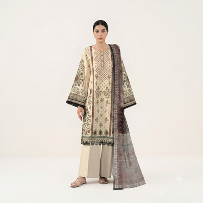 apphire Premium Embroidered Lawn 3-Piece Unstitched Suit – Cream & Olive Green