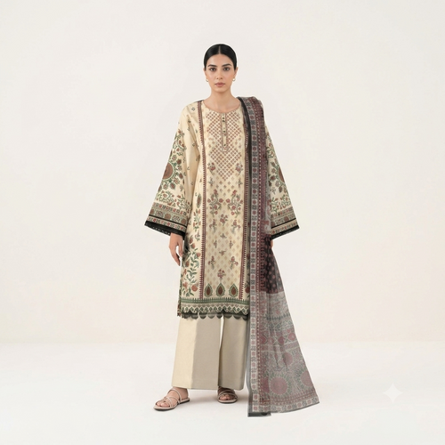 apphire Premium Embroidered Lawn 3-Piece Unstitched Suit – Cream & Olive Green