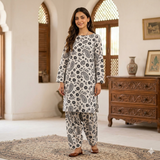 Saiban 2-Piece All-Over Printed Unstitched Suit – Black & White Paisley