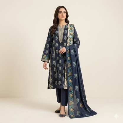 Sapphire Unstitched Summer Collection – 3 PC Navy Blue Ethnic Printed Set