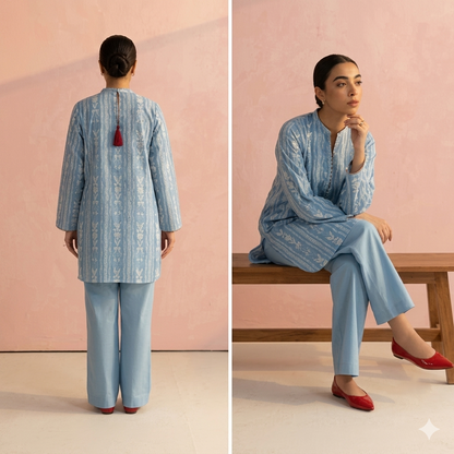 Powder Blue 3 Piece Unstitched Premium Lawn Suit with Contrast Dupatta by Pareesa