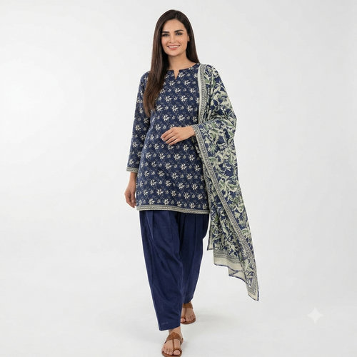 Regalia Unstitched 3-Piece Lawn Dress – Navy & Ivory Floral Tunic