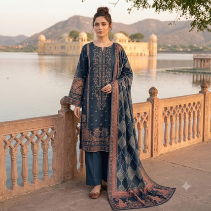 Mashaim Premium Printed Lawn 3-Piece Unstitched Suit – Prussian Navy Blue