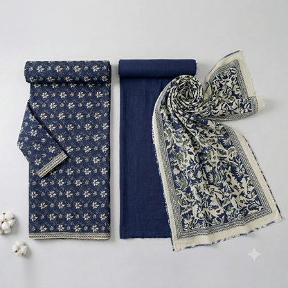 Regalia Unstitched 3-Piece Lawn Dress – Navy & Ivory Floral Tunic