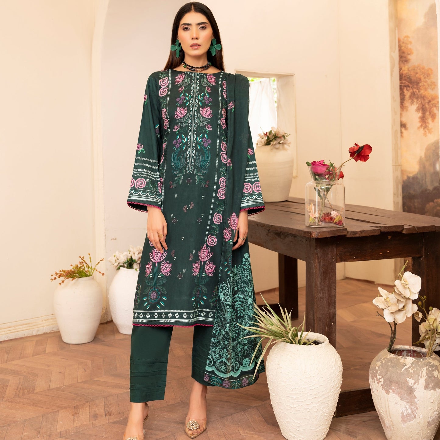 Lala Afreen Premium Lawn 3 Piece Unstitched Suit – Deep Bottle Green