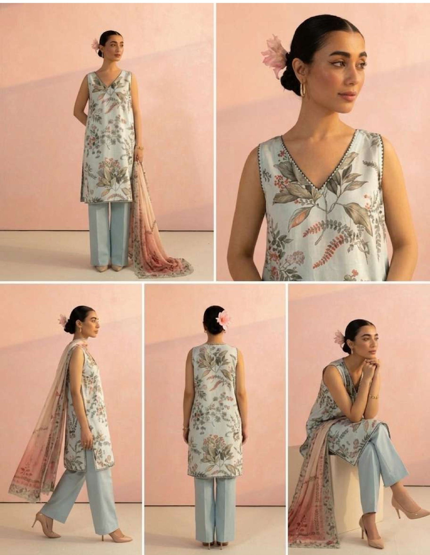 Pareesa Premium Summer Lawn 3pc Unstitched Dress – Pastel Mint Blue & Dusty Pink