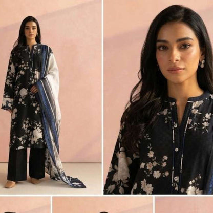 Pareesa Premium Summer Lawn 3pc Unstitched Dress – Jet Black & Indigo Floral Print