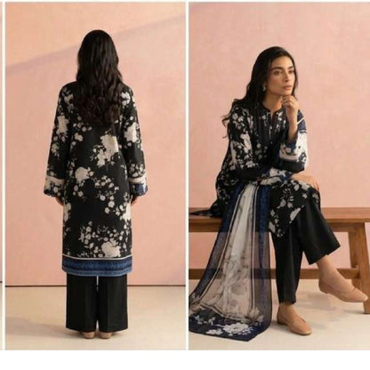 Pareesa Premium Summer Lawn 3pc Unstitched Dress – Jet Black & Indigo Floral Print