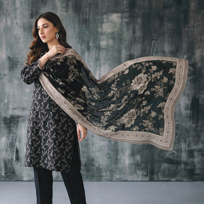 Black and Ivory 3 Piece Unstitched Premium Lawn Suit with Fine Botanical Dupatta by Regalia