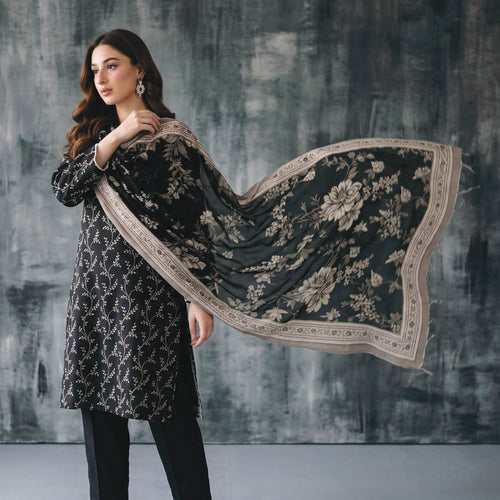 Black and Ivory 3 Piece Unstitched Premium Lawn Suit with Fine Botanical Dupatta by Regalia