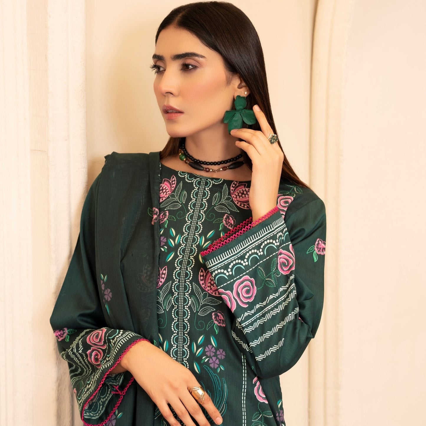 Lala Afreen Premium Lawn 3 Piece Unstitched Suit – Deep Bottle Green