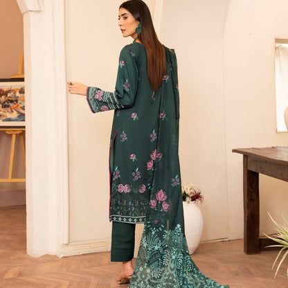 Lala Afreen Premium Lawn 3 Piece Unstitched Suit – Deep Bottle Green