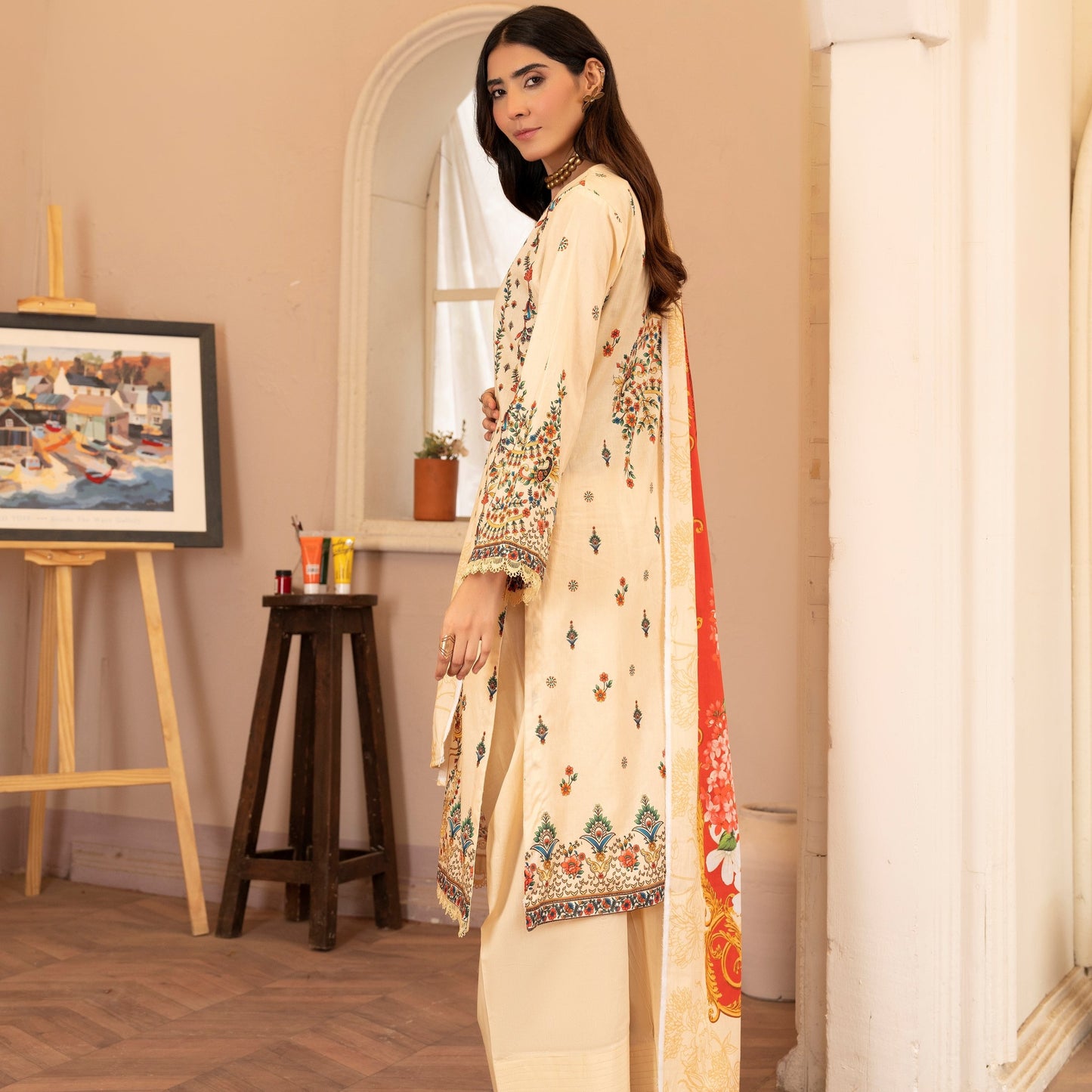 3 Piece Unstitched Dress Beige Cream Lala Summer Collection