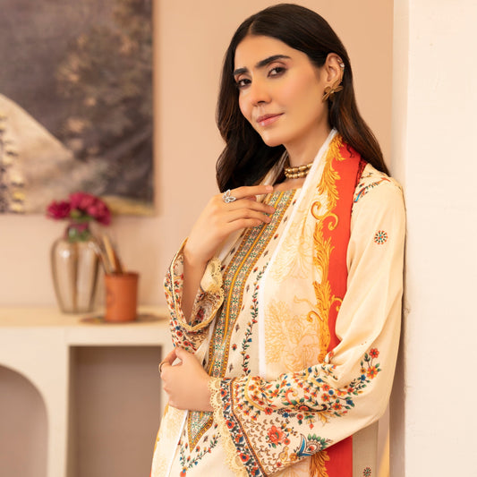 3 Piece Unstitched Dress Beige Cream Lala Summer Collection