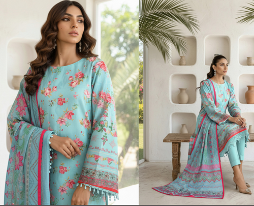 Fiza Noor Premium Lawn Collection – 3 PC Unstitched (Sky Blue/Magenta Border)