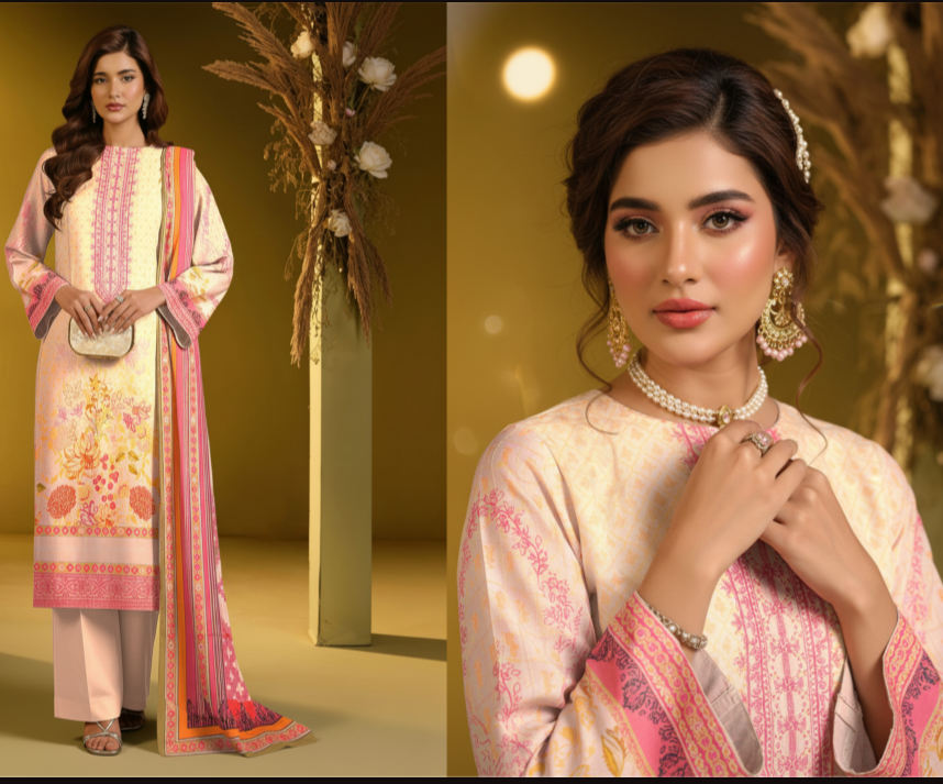 Fiza Noor Premium Embroidered Lawn 3-Piece Unstitched Suit – Pastel Cream & Blush Pink