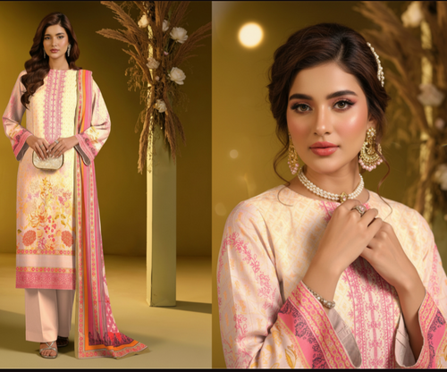 Fiza Noor Premium Embroidered Lawn 3-Piece Unstitched Suit – Pastel Cream & Blush Pink