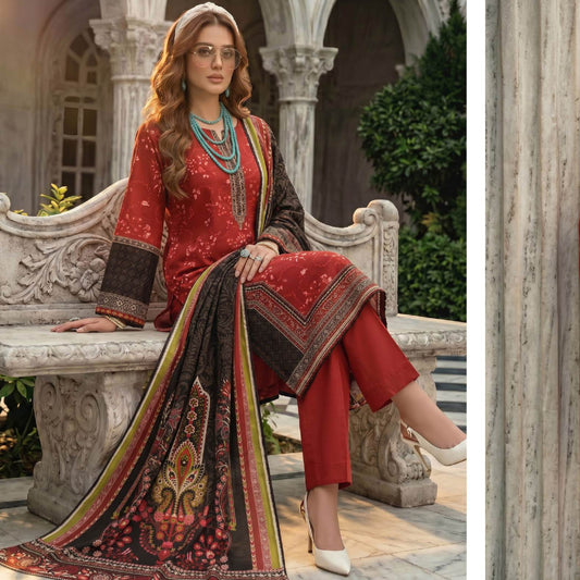 Lajwana Premium Unstitched 3-Piece Lawn Suit – Crimson Red & Charcoal Dupatta