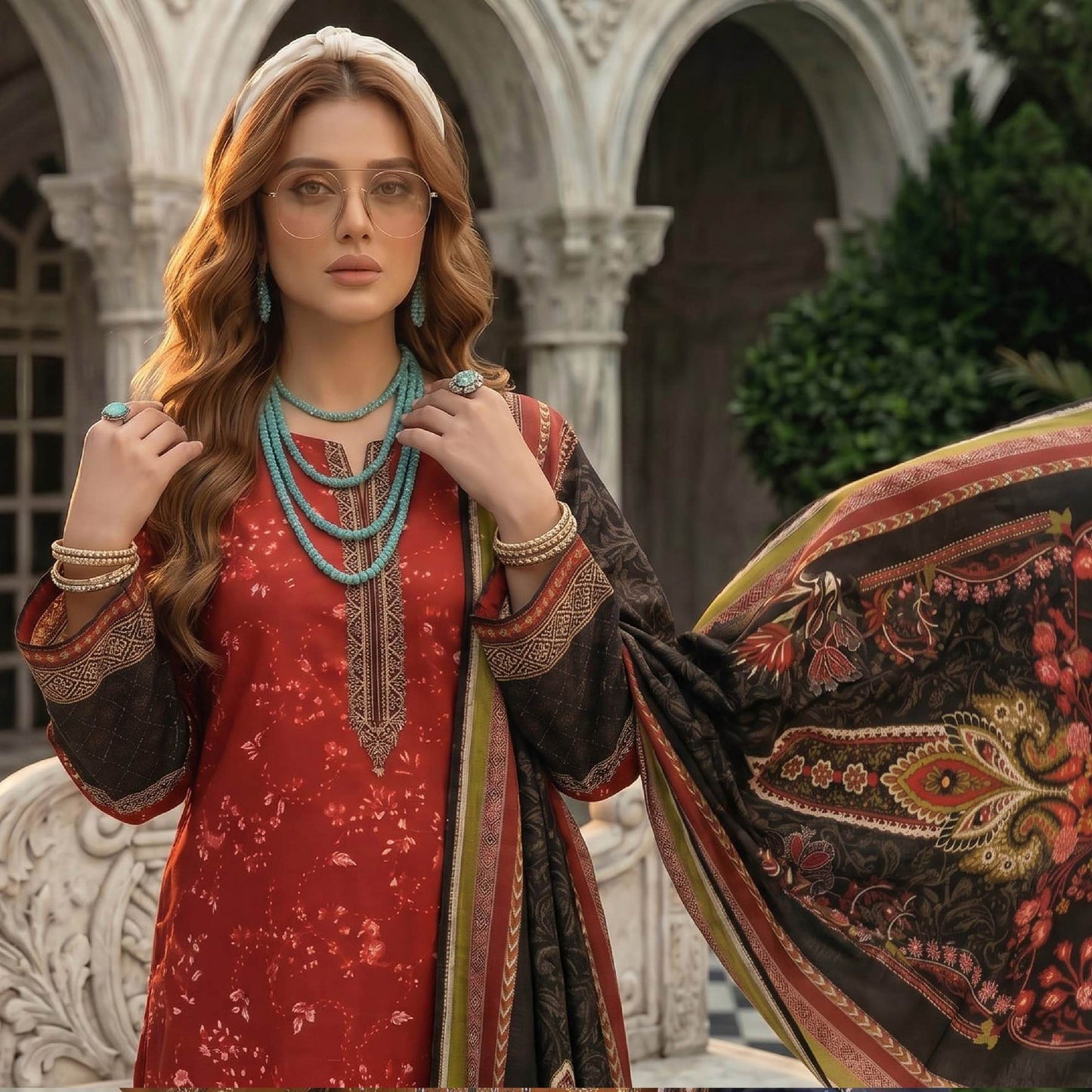 Lajwana Premium Unstitched 3-Piece Lawn Suit – Crimson Red & Charcoal Dupatta