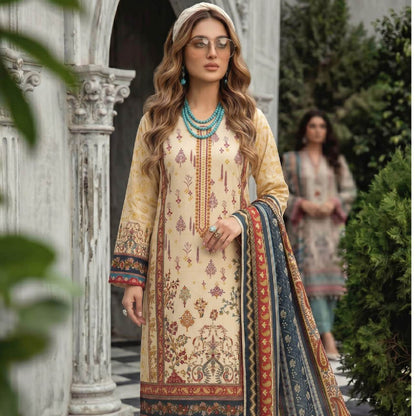 Cream Beige Ethnic Printed Lajwana Premium Summer Lawn 3pc Unstitched Dress