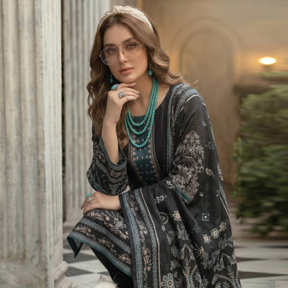 Deep Black & Teal Traditional Unstitched 3-Piece Lawn Dress – Luxury Summer Collection by Lajwana