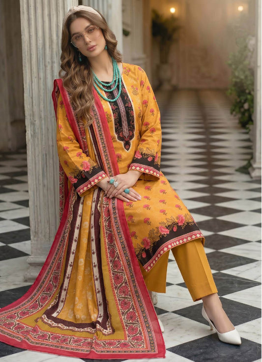 Mustard Yellow 3 Piece Unstitched Premium Lawn Suit with Heavy Printed Dupatta by Lajwana